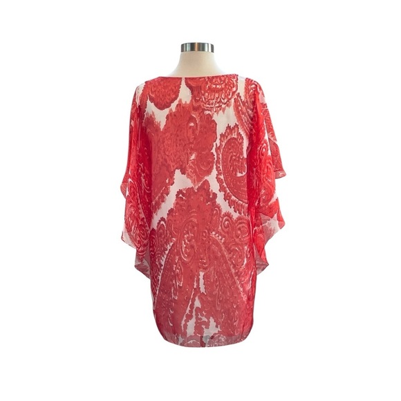 Milly Silk Coral and White Swim Coverup with V-Neck and Flutter Sleeves Size 4 - Picture 4 of 12